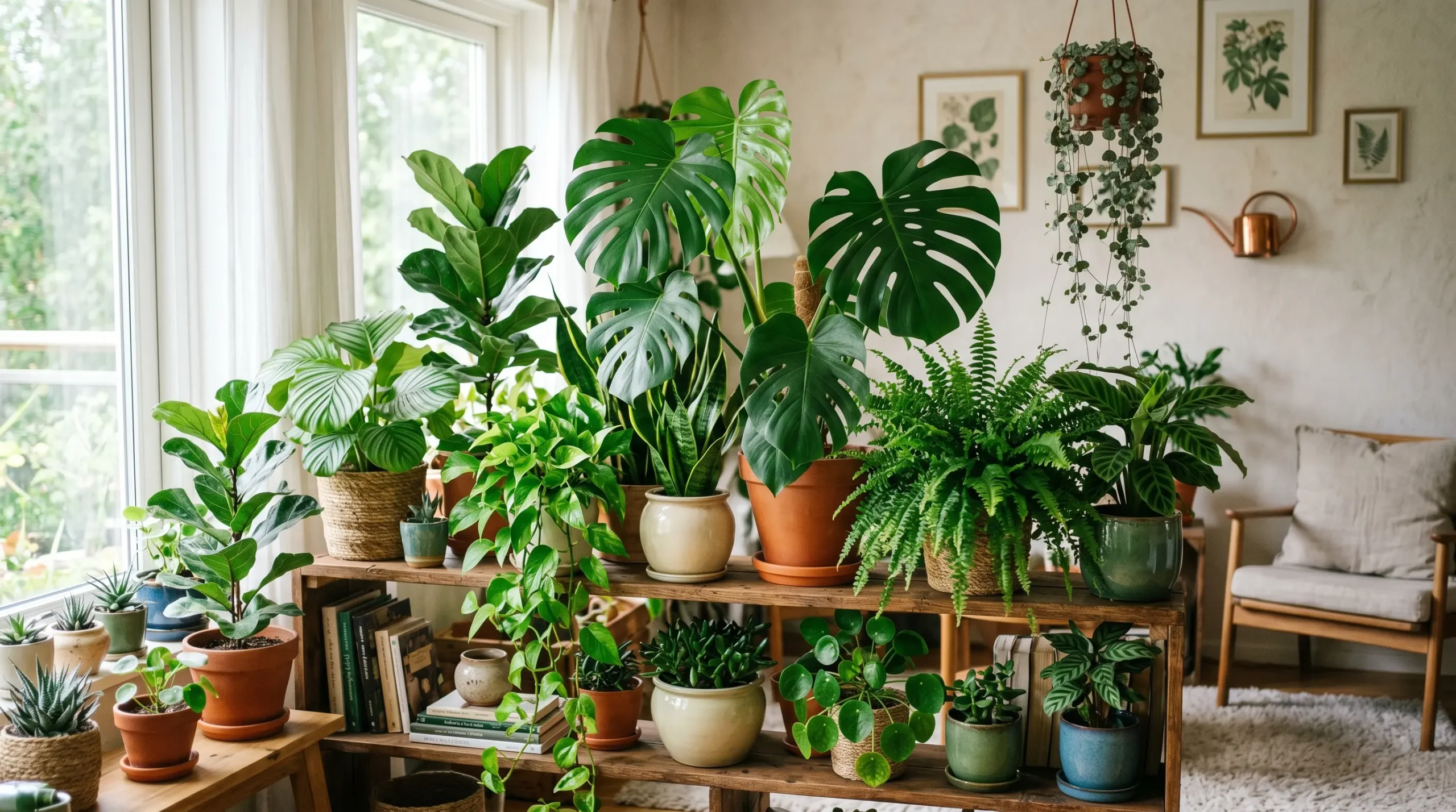 Indoor green plants growing at home on a windowsill