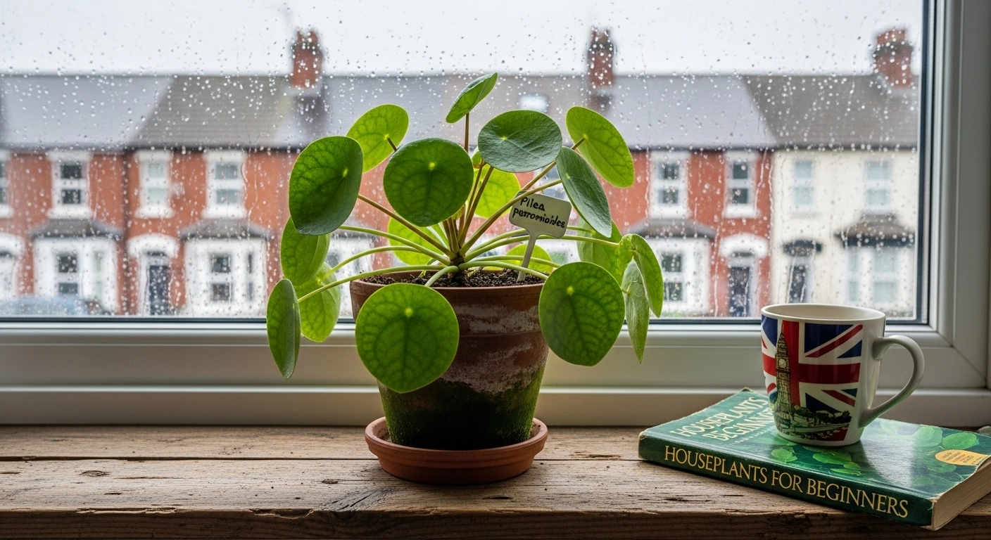 A Pilea peperomioides plant in a terracotta pot sits on a wooden windowsill. To its right is a "Houseplants for Beginners" book with a Union Jack mug on top. A rainy window in the background looks out onto a row of brick houses.