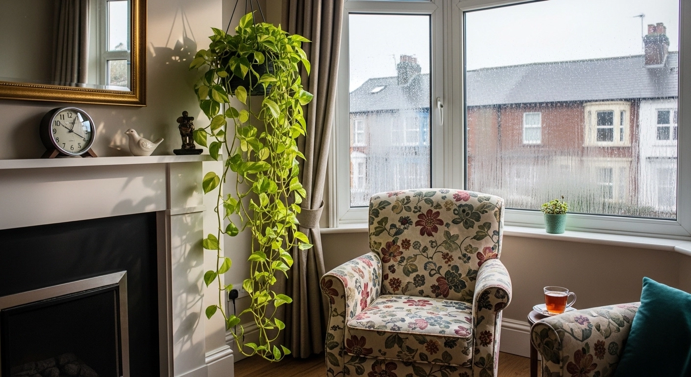 A lush Golden Pothos plant with long, trailing vines hangs in a cozy living room next to a white fireplace and a floral armchair by a window.